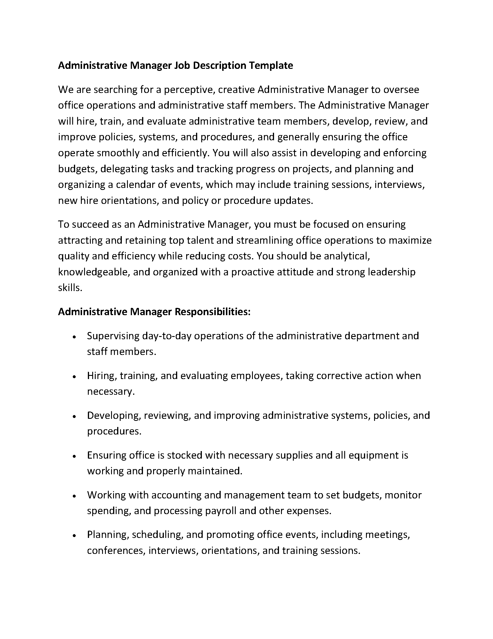 Administrative Manager Job Description Template